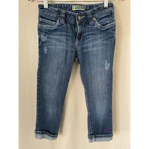 Roxy Girls Medium-Wash Distressed Embroidered Pocket Rolled Bottom Jeans